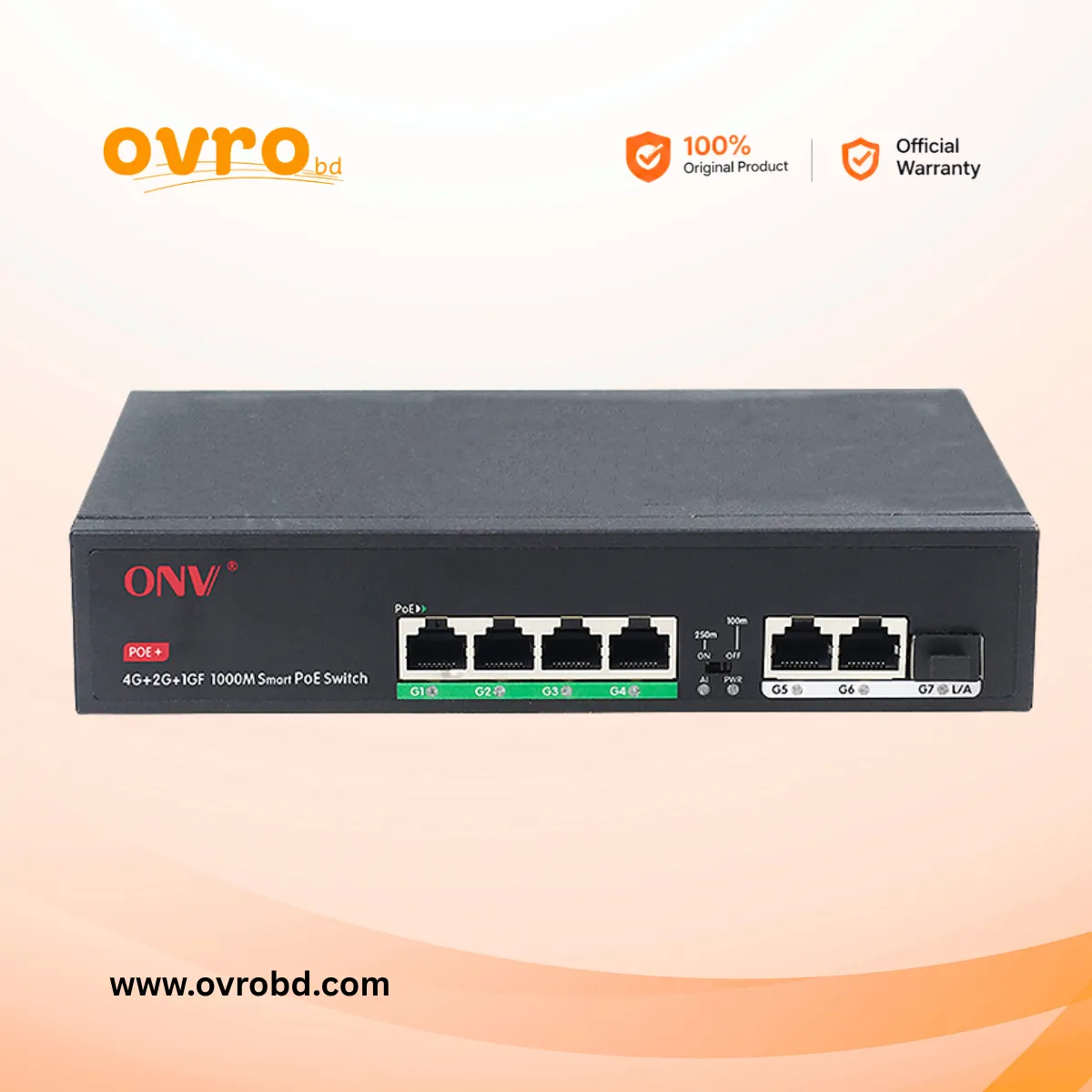 ONV-H3064PFD 4-Port Gigabit PoE+ Switch with 2 Gigabit Uplinks and 1 SFP Fiber Port